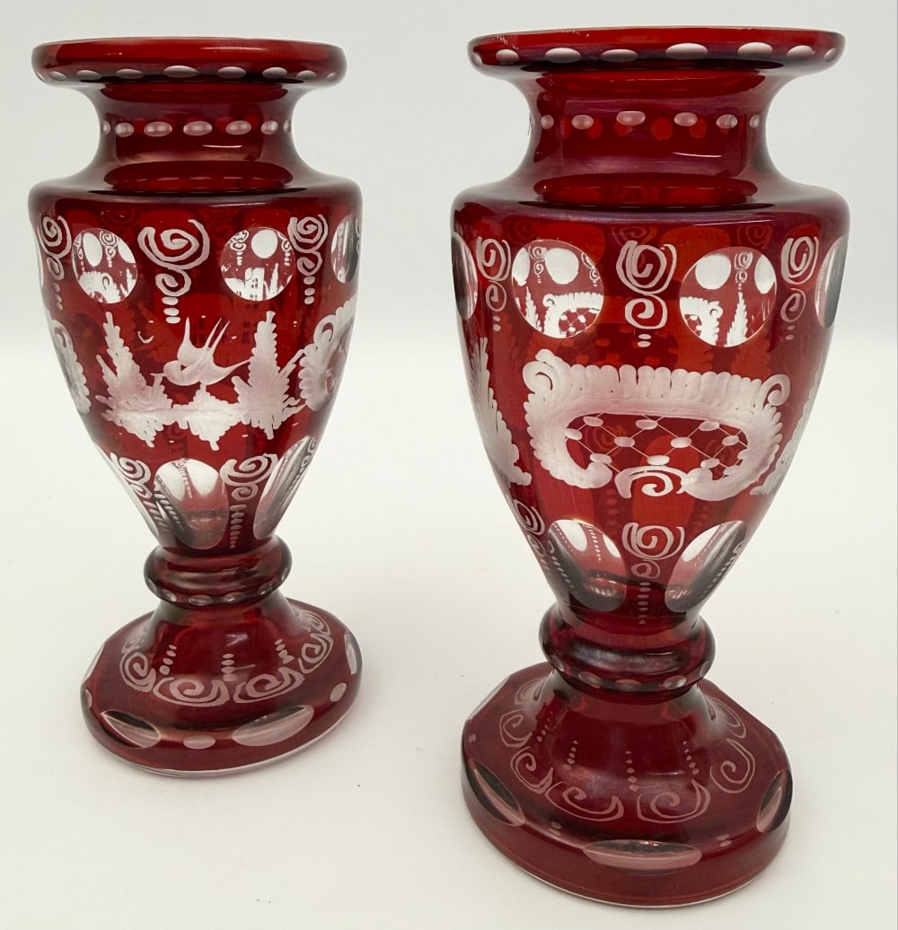 Pair Of Vintage Bohemian Ruby Cut To Clear Crystal Vases (1 of 3)