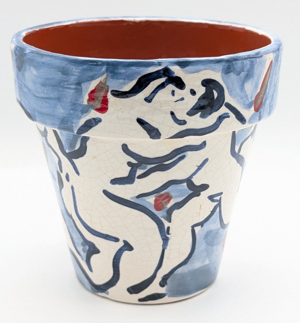 George Schneeman Erotic Figures Painted by Terracotta Planter: Painted Terracotta Planter by New York artist George Schneeman. The planter features hand-painted erotic figures, signed on the base. Good condition with crazing, displays well. Signed on the base and
