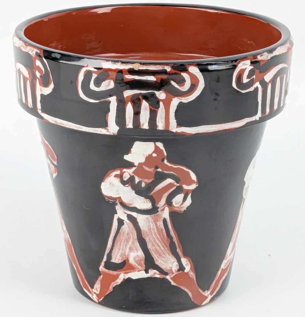 George Schneeman Greek Figures Painted by Terracotta Planter: Painted Terracotta Planter by New York artist George Schneeman. The planter features hand-painted greek figures, signed on the base. Has some rim chips, displays well. Signed on the base and dated 198
