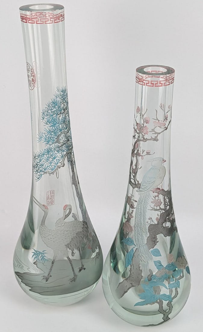 Pair Of Vintage Chinese Peking Glass Etched Vases: Pair Of Vintage Chinese Peking Glass Etched Vases. Beautiful & heavy etched glass vases featuring birds, trees, and flowers. Great detail with pastel hues. The vases display well, the shorter vase has