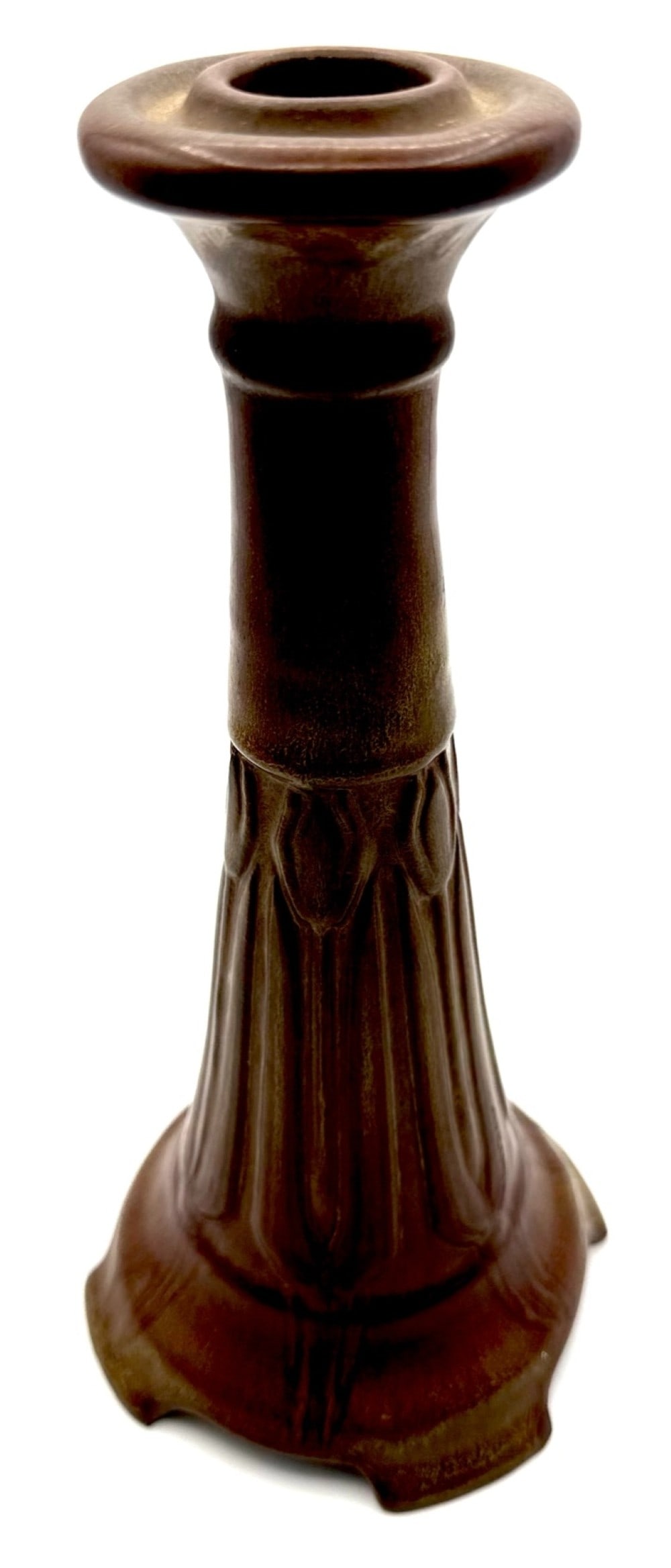 Rookwood Mold #1630 Brown Pottery Candlestick: Antique Rookwood Art Pottery Candlestick mold number 1630. The brown candlestick has a matte finish with geometric. Marked on the base. Measures approximately 10" tall with a base diameter of 4-5/8".