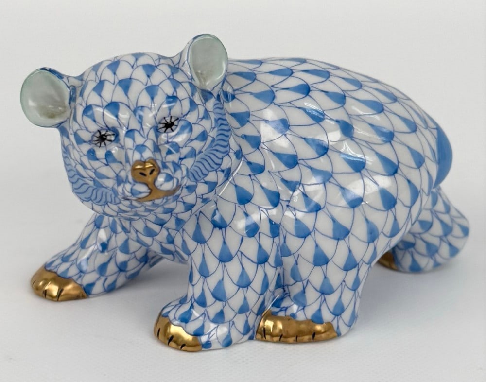Herend Porcelain Walking Bear Cub Blue Fishnet Figurine (1 of 6)