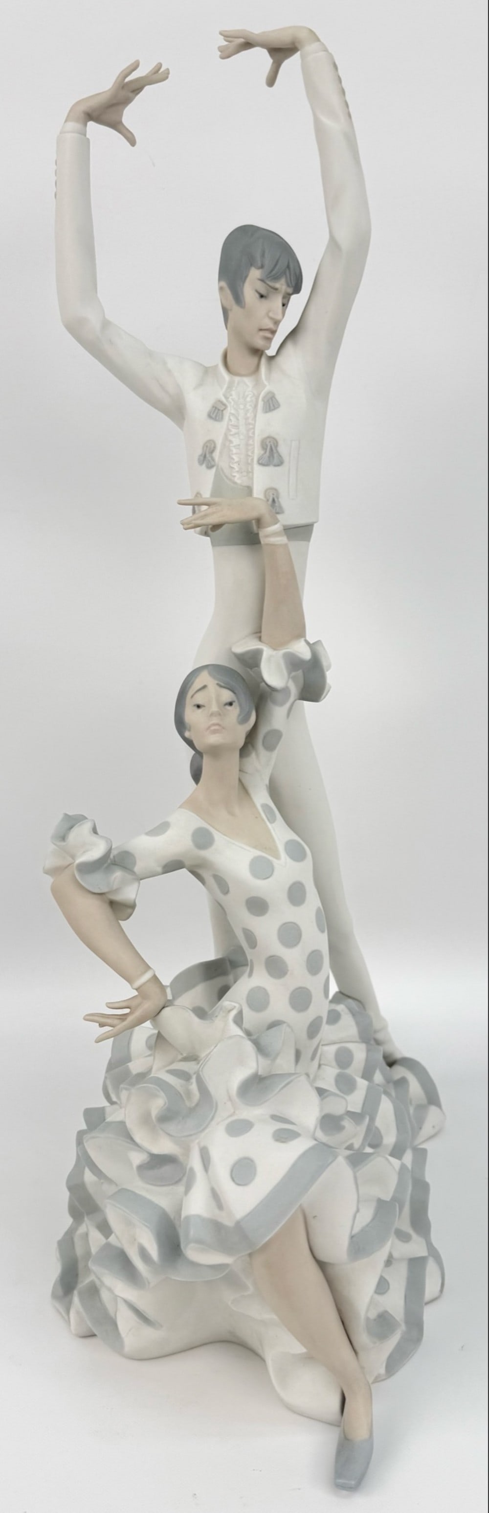 Retired Lladro "Flamenco Dancers" Porcelain Figure #4519: Retired Lladro "Flamenco Dancers" Porcelain Figure #4519. The matte finish figure is marked on the base. Excellent condition with no chips, cracks or crazing. Measures approximately 19-1/2" tall x 13"