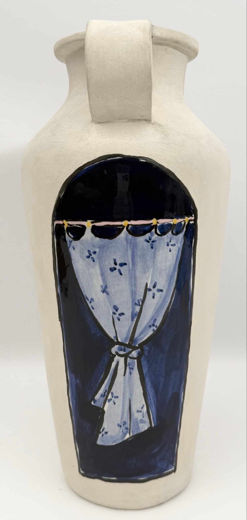 1996 George Schneeman Shower Curtain Potter Vase: Pottery vase by New York artist George Schneeman. The two handled vase features two different scenes of the same shower curtain. Signed and dated on the base. Excellent condition with no chips or crac