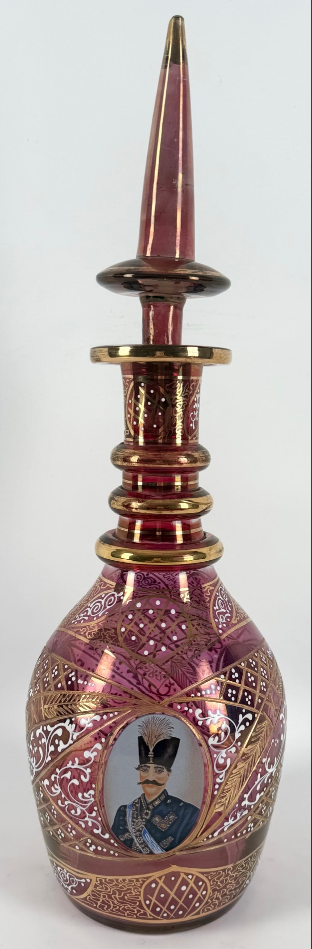 Antique Bohemian Glass Nasr Al-Din Shah Qajar Gold Guild Carved Ruby Decanter (1 of 5)