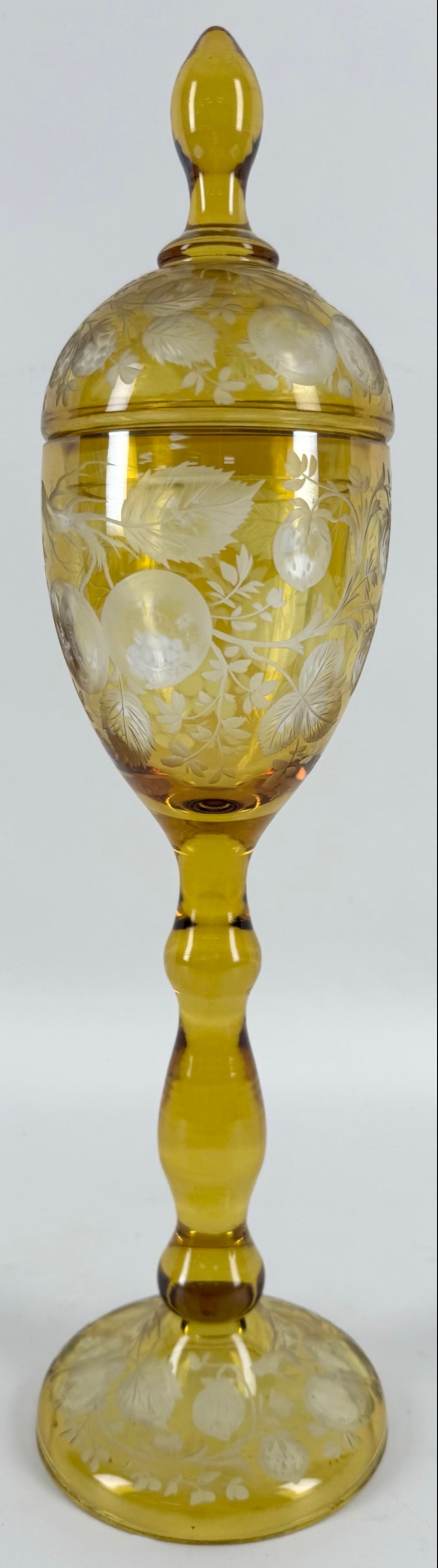 Bohemian Glass Yellow Cut-To-Clear Grape Pattern Lidded Chalice (1 of 8)