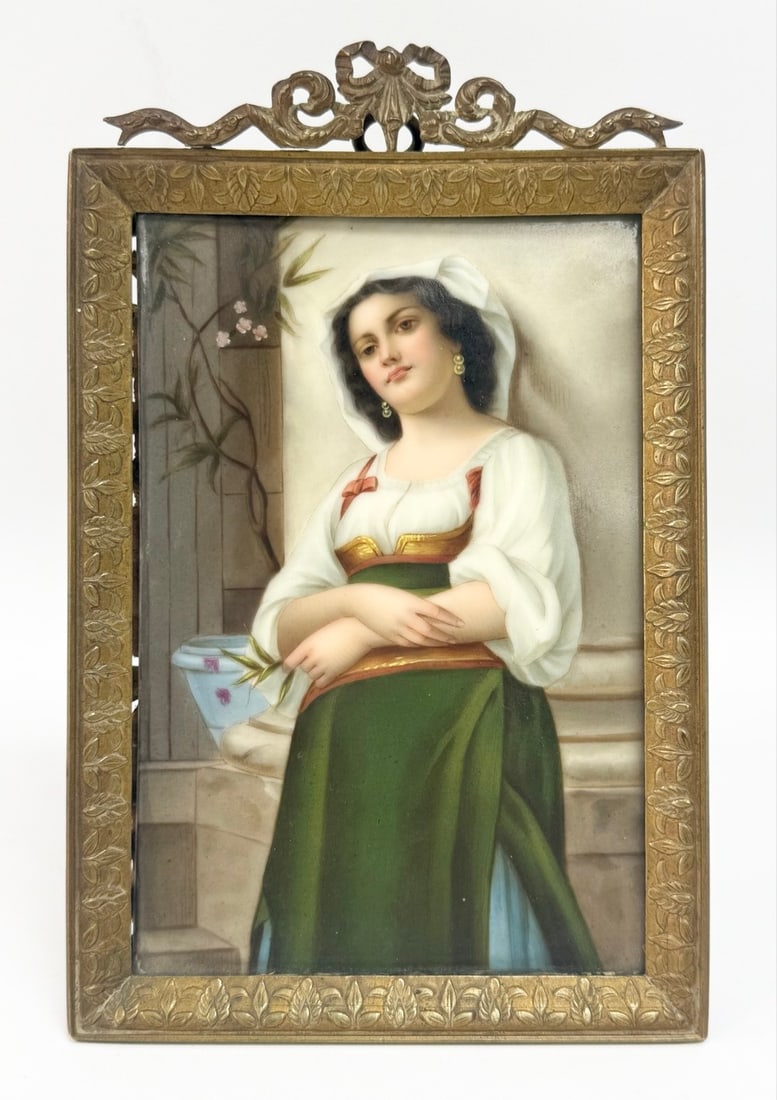 Framed Antique Girl Holding Sprig Hand-Painted German Porcelain Plaque: Framed Antique Girl Holding Sprig Hand-Painted German Porcelain Plaque. The painting is great quality and comes in a brass frame. Marked Made In Germany on the back with a paper label. Sight measures
