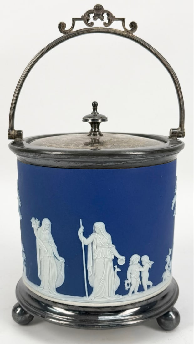 Antique Wedgwood Blue Jasperware Footed Biscuit Barrel (1 of 9)