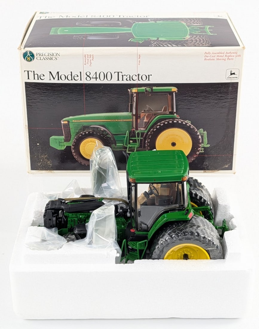 1/32 Ertl John Deere 8400 Tractor Precision Classics #8: 1/32 Ertl John Deere 8400 tractor with duals and 3-point hitch. Precision Classics Series #8. Good condition new in the box, never displayed.