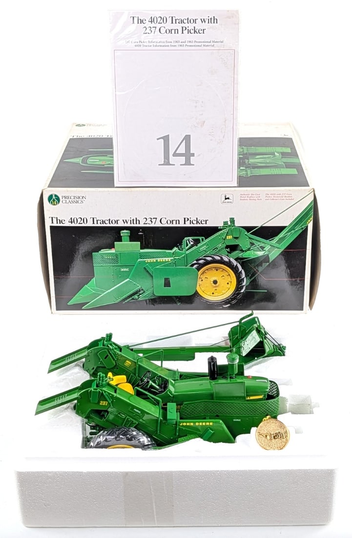 1/16 Ertl John Deere 4020 Tractor with 237 Corn Picker Precision Classics #14: 1/16 Ertl John Deere 4020 Tractor with 237 Corn Picker. Precision Classics Series #14. Good condition new in the box and highly detailed. Comes with the historical booklet and collector's coin.