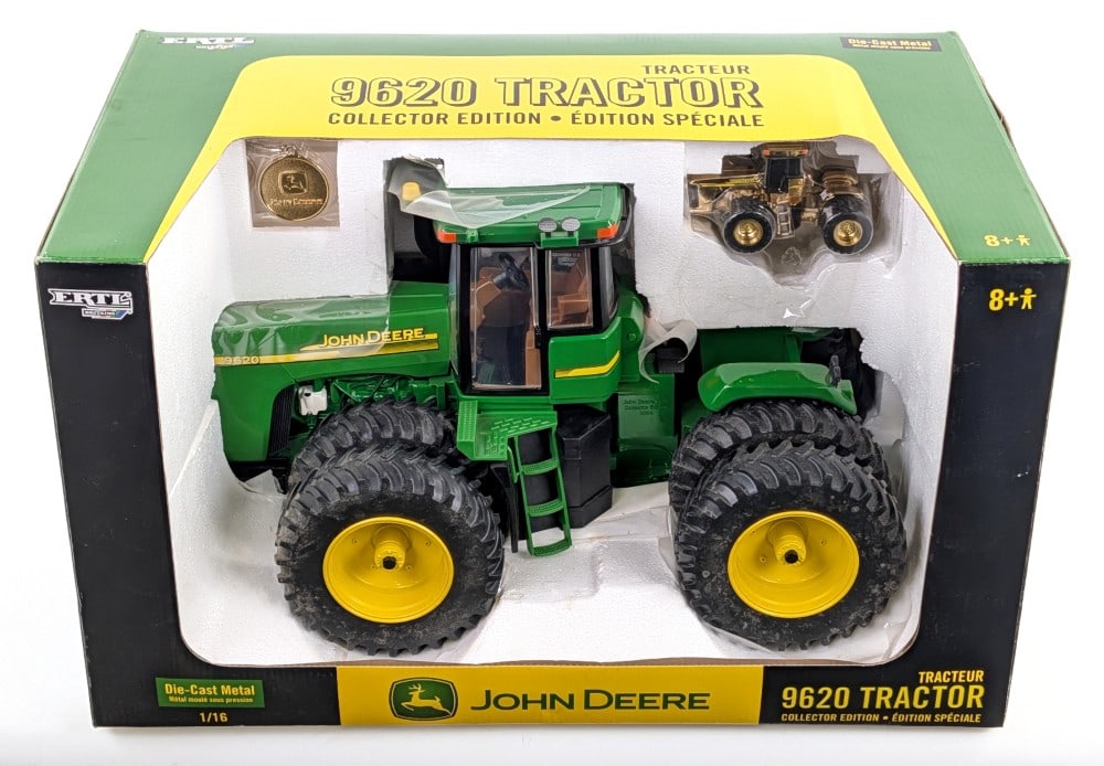 1/16 Ertl John Deere 9620 Tractor & Gold 1/64 John Deere 9620 Tractor: 1/16 Ertl John Deere 9620 4wd tractor and gold 1/64 John Deere 9620 tractor. The tractor does have some dust from storage, but is new in the box. The 1/16 has a tiny chip on the rear rim.