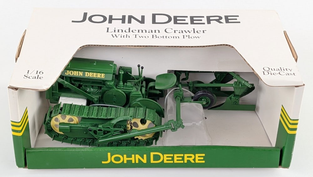 1/16 SpecCast John Deere Lindeman Crawler w/ Two Bottom Plow: 1/16 SpecCast John Deere Lindeman crawler with two bottom plow. Good condition in the box and highly detailed.