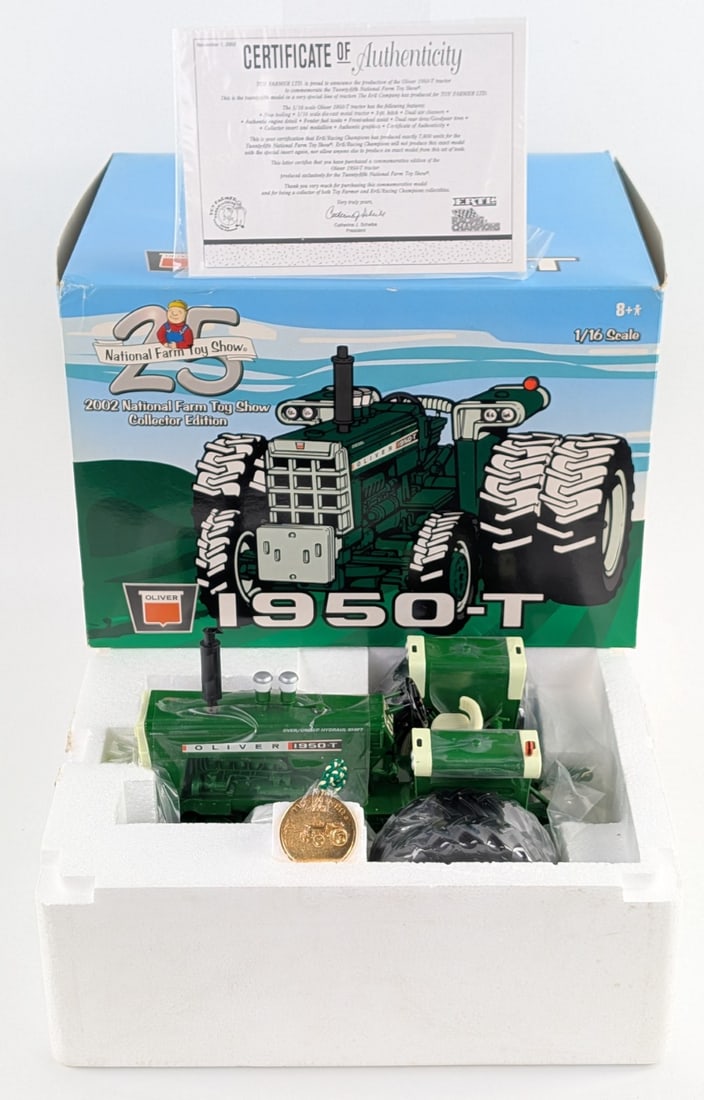 1/16 Ertl Oliver 1950T Tractor w/ Duals 2002 NFTS Edition: 1/16 Ertl Oliver 1950T Tractor with FWA and duals. 2002 National Farm Toy Show Edition. Good condition new in the box. It comes with the certificate of authenticity and collector's coin.