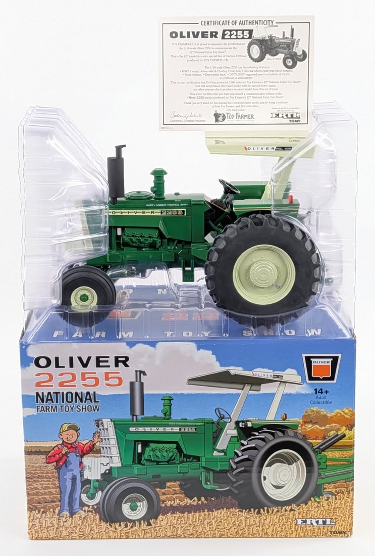 1/16 Ertl Oliver 2255 Tractor with Canopy 2019 NFTS: 1/16 Ertl Oliver 2255 tractor with canopy. 2019 National Farm Toy Show Edition. Good condition new in the box. Comes with the certificate of authenticity.