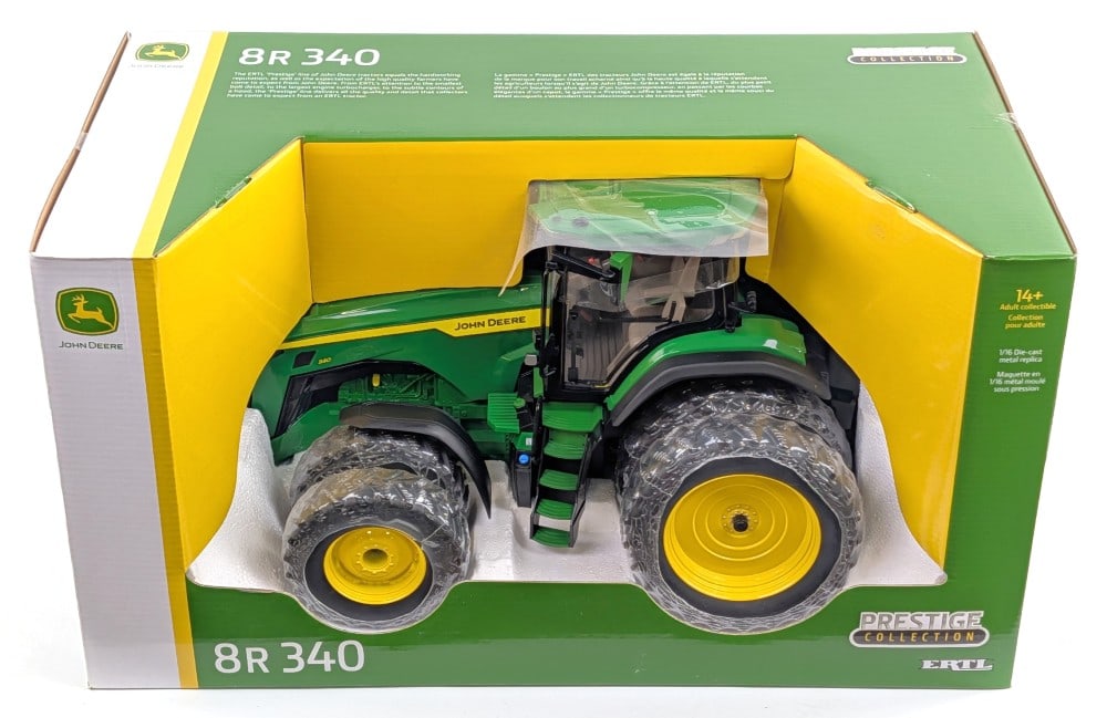 1/16 Ertl John Deere 8R340 Tractor w/ Duals - Prestige Collection: 1/16 Ertl John Deere 8R340 tractor with front and rear duals. Good condition new in the box. Prestige Collection Series.