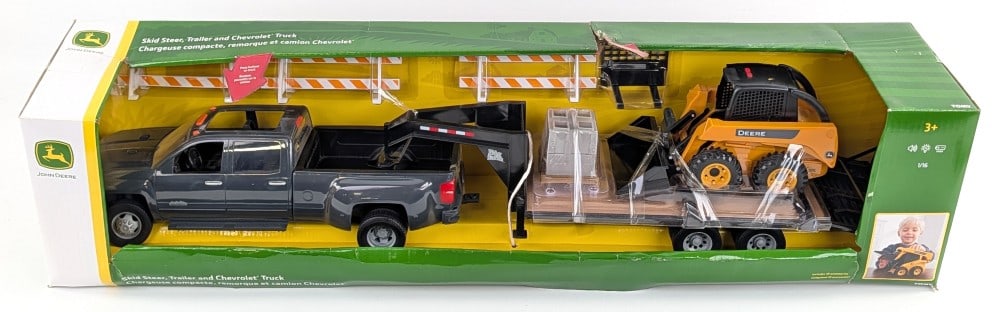 1/16 Tomy Big Farm Chevrolet Pickup Truck w/ Skid Steer & Trailer: 1/16 Tomy Big Farm Chevrolet dually pickup truck with John Deere skid steer loader and gooseneck flatbed trailer plus accessories. New in the box condition. The box shows some wear from storage / hand