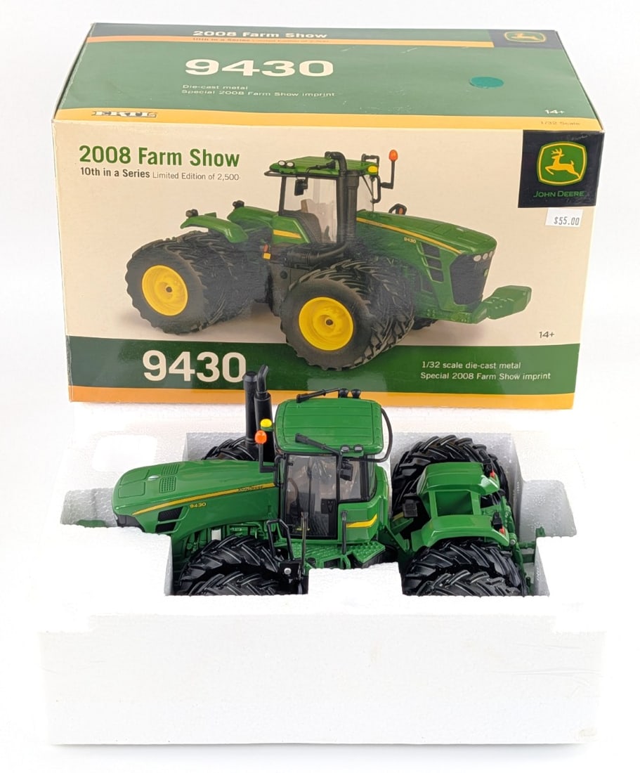 1/32 Ertl John Deere 9430 4wd Tractor 2008 Farm Show Edition: 1/32 Ertl John Deere 9430 4wd tractor. Special 2008 Farm Show Edition. 10th in a series. Limited edition 1 of 2,500. The box shows some minor discoloration. The tractor is in good condition.