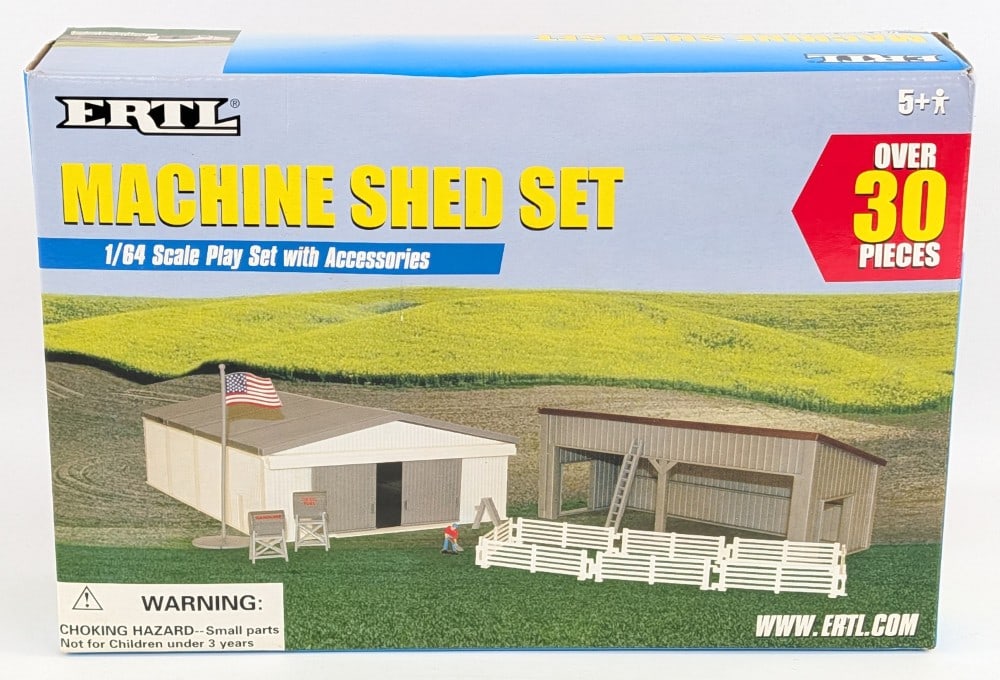 1/64 Ertl Machine Shed Set with Accessories - NIB: 1/64 Ertl machine shed set with accessories. The set is new in the box / never played with. It comes with the instructions manual, decal sheet, and the pieces are still in the original bags.