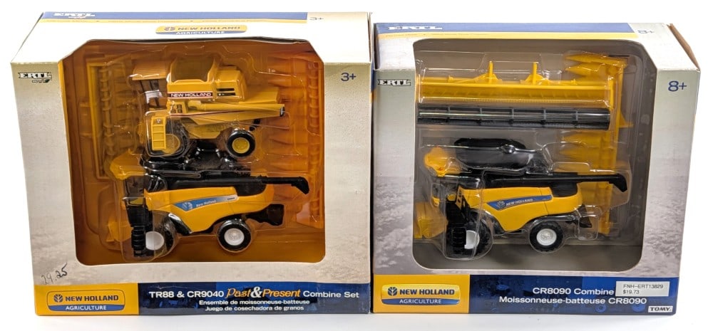 1/64 Ertl New Holland TR88 & CR9040 Past & Present Combine Set and CR8090 Combine: 1/64 Ertl New Holland TR88 & CR9040 past & present combine set and New Holland CR8090 combine. The boxes have light storage wear, but the combines are new in boxes.