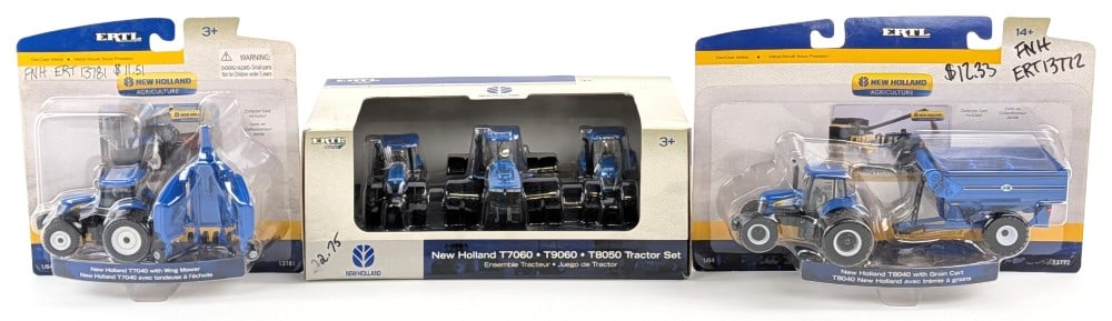 1/64 Ertl New Holland 3 Piece Tractor Set, Tractor w/ Mower, & Tractor w/ Grain Cart (1 of 7)