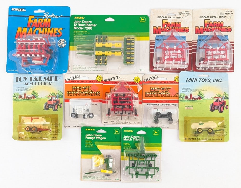 (11) 1/64 Ertl & Mini Toys Farm Implements: (11) 1/64 Ertl & Mini Toys Farm Implements. Includes planters, chisel plows, mulch tillers, gravity wagon, forage harvester, and anhydrous ammonium tank. The packages have light wear from handling and
