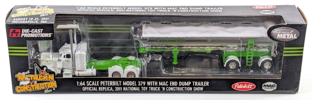 1/64 DCP Eilen & Son's Peterbilt Model 379 Truck w/ MAC End Dump Trailer: 1/64 Scale Die-Cast Promotions (DCP) Eilen & Son's Peterbilt Model 379 Truck w/ MAC End Dump Trailer 2011 National Toy Truck'N Construction Show. Good condition new in the box and highly detailed.