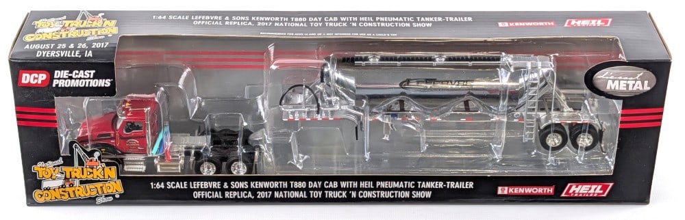 1/64 DCP Lefebvre & Sons Kenworth T880 w/ Heil Pneumatic Tanker-Trailer: 1/64 scale Die-Cast Promotions Lefebvre & Sons Kenworth T880 day cab with heil pneumatic tanker-trailer. 2017 National Toy Truck'N Construction official show replica. Good condition new in the box and