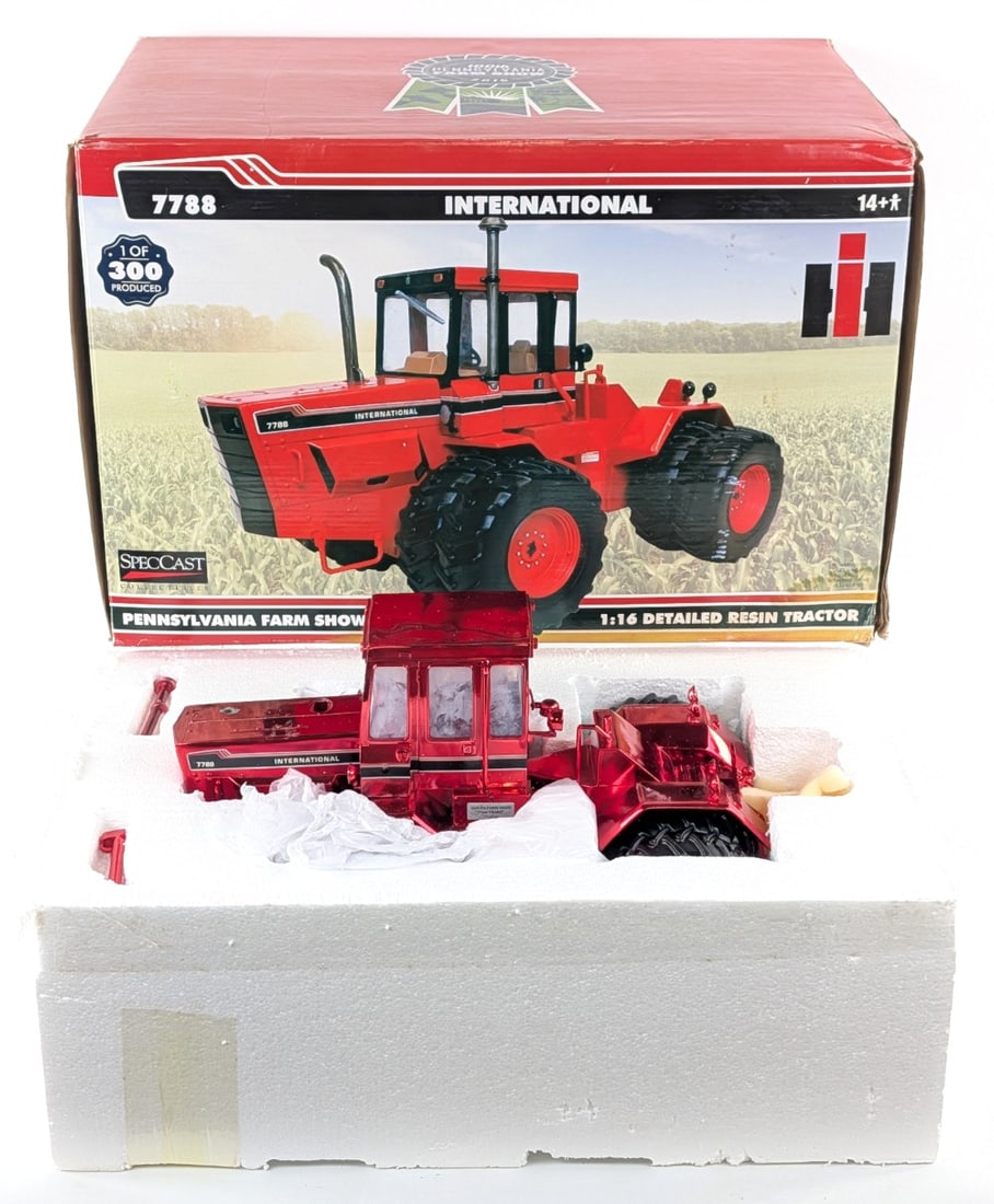 1/16 SpecCast International 7788 4wd Tractor (Red Chrome) Pennsylvania Farm Show: 1/16 Scale SpecCast International 7788 4wd tractor in red chrome. Limited edition #3 of only 12 produced! The tractor has some paint loss on the hood and the windows are foggy. It looks like it has so