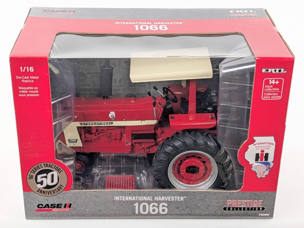 1/16 Ertl International Harvester 1066 Narrow Front Tractor w/ Canopy: 1/16 Ertl International Harvester 1066 narrow front tractor with canopy. IH Collector's Southern Illinois 50th Anniversary Edition. Prestige Collection Series. Good condition in the box.