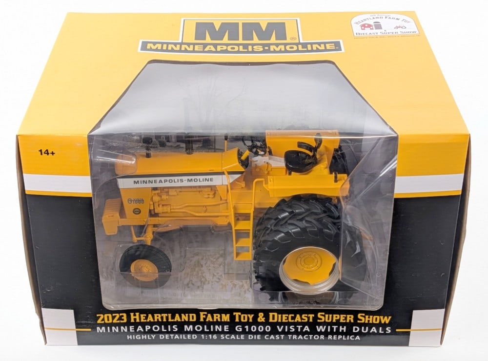 1/16 SpecCast Minneapolis-Moline G1000 Vista Tractor w/ Duals: 1/16 SpecCast Minneapolis-Moline G1000 Vista tractor with duals. A nice highly detailed replica. 2023 Heartland Farm Toy & Die-Cast Super Show. Good condition new in the box.