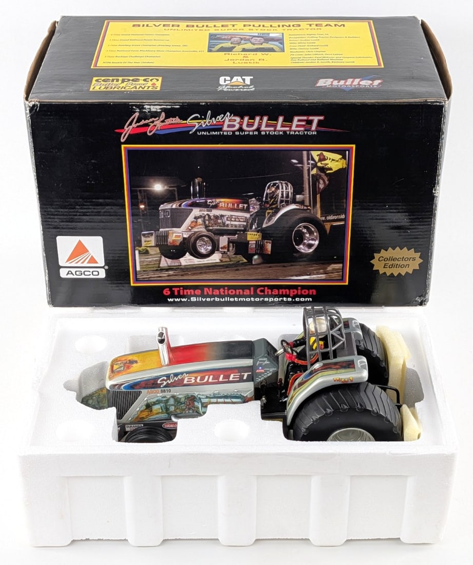 1/16 SpecCast AGCO 8810 Silver Bullet Unlimited Super Stock Pulling Tractor: 1/16 SpecCast AGCO 8810 Silver Bullet Unlimited Super Stock pulling tractor. A 6 Time National Champion. The tractor is in good condition in the box. the box shows some handling wear. A highly detaile