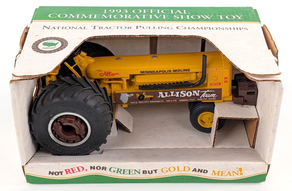 C&M Toys / Stephan Custom 1/16 Minneapolis-Moline UB The Allison Pulling Tractor: Custom 1/16 scale Minneapolis-Moline UB "The Allison" pulling tractor. The box and toy are in very good condition overall. A 1993 Official Commemorative National Tractor Pulling Championships Show toy