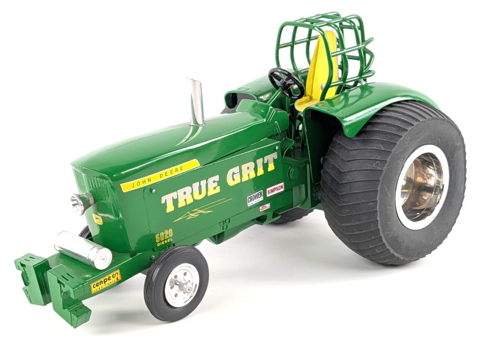Custom 1/16 John Deere 5020 Pulling Tractor: Custom 1/16 John Deere 5020 pulling tractor. The tractor has a custom roll cage, tires, and chrome stack. Displays very well overall. It does have some minor decal wear and light dust from display, bu