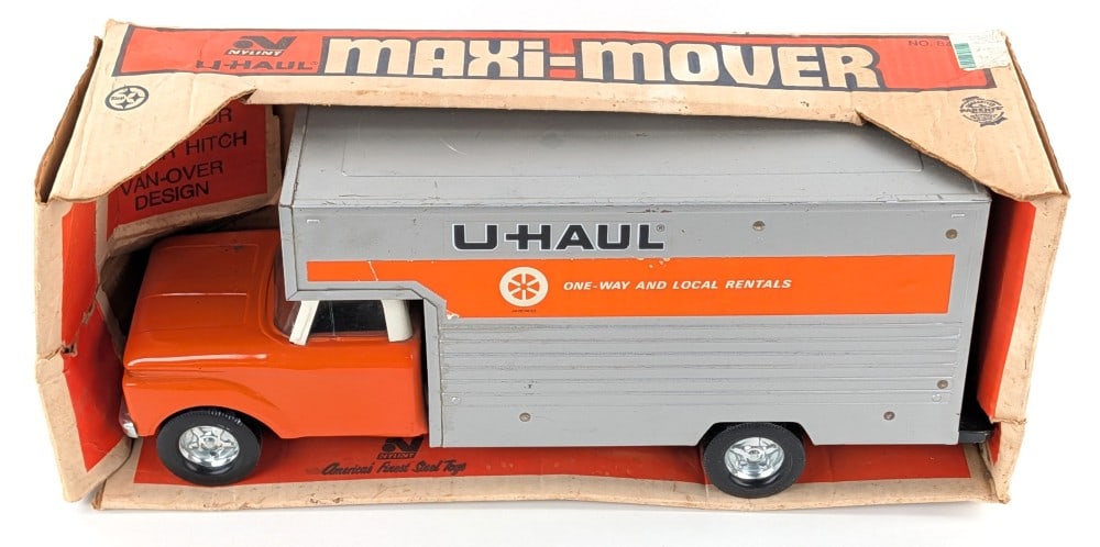 Nylint U-Haul Maxi-Mover Box Van Delivery Truck w/ Box: Nylint U-Haul Maxi-Mover box van delivery truck with original box. The truck has some surface rust, paint loss, and wear from play / age. The box has some crushing, soiling, and wear from age. Measure