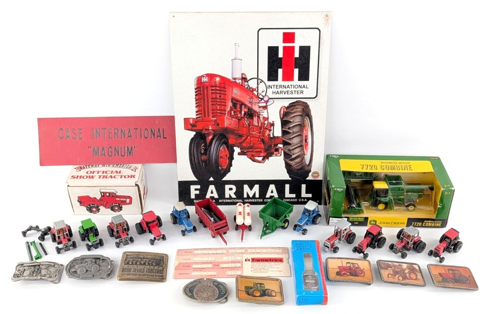 1/64 Scale International 4366 Tractor, John Deere 7720 Combine, Tractors, and Memorabilia: Includes a 1/64 scale custom International 4366 Gateway Mid-America official show tractor, John Deere 7720 combine, Ford Tractors, Massey Ferguson tractors, and miscellaneous memorabilia.