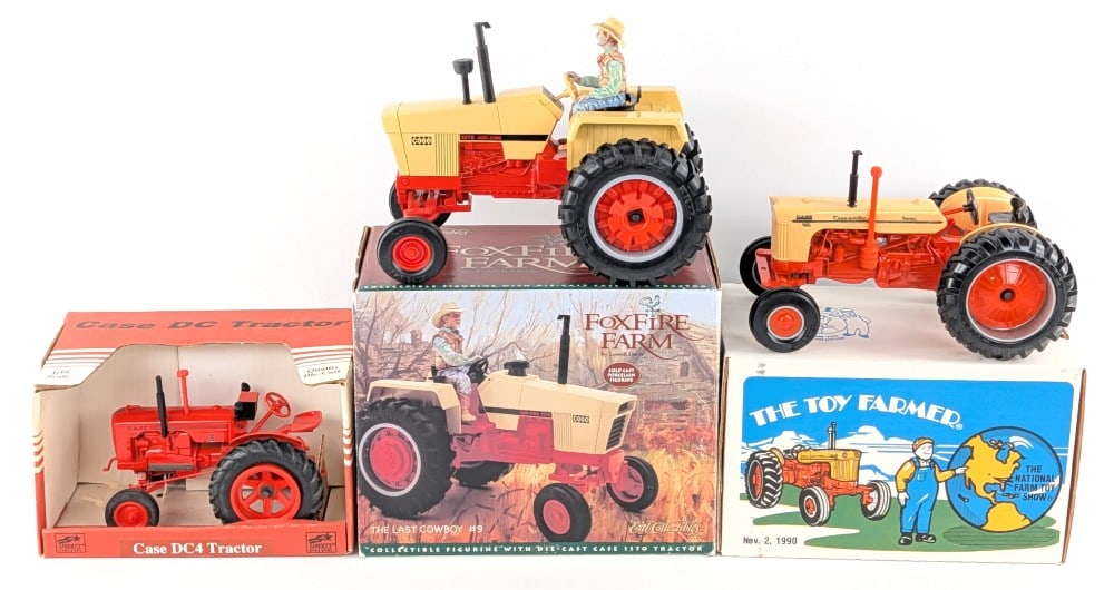 1/16 SpecCast Case DC4 Tractor, Ertl Case 800, and Ertl Case 1170 Tractors: 1/16 SpecCast Case DC4 tractor, Ertl Case 800 toy farmer edition tractor, and Ertl FoxFire Farm Case 1170 tractor. All of them come in the original boxes.