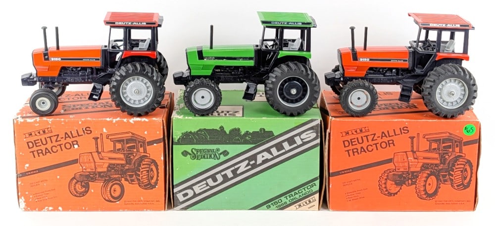 (3) 1/16 Ertl Deutz-Allis 9150 Tractors: (3) 1/16 Ertl Deutz-Allis 9150 tractors. The one has FWA, two of them are orange, and one is green. All of the boxes have flaking and wear from storage. The tractors are in good condition in the boxes