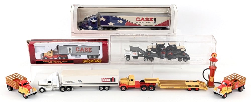 Mixed Scale Case / Case IH Semi Trucks & Stakebed Trucks: includes 1/64 SpecCast Case semi truck, Ertl Case IH semi, Case Mack semi with tractor load, Case Peterbilt with van trailer, First Gear truck with lowboy trailer and two stake bed trucks. One of the