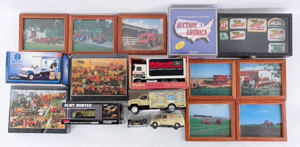 Case IH Pictures, New Holland Truck, Nylint Motorcraft, Schwan's Truck and More: Includes Case IH pictures, First Gear New Holland truck, Allis-Chalmers puzzles, Auction America game, Dekalb patches, Ford Motorcraft delivery truck, Lionel Clint Bowyer NASCAR die-cast, and Schwan's