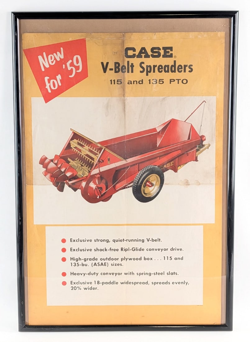 Framed Vintage Case V-Belt Manure Spreaders Advertising Poster: Framed vintage Case V-Belt manure spreaders advertising poster. The poster has soiling, creases, pin holes, and wear from use and age. The frame measures approximately 41" tall by 28" across.