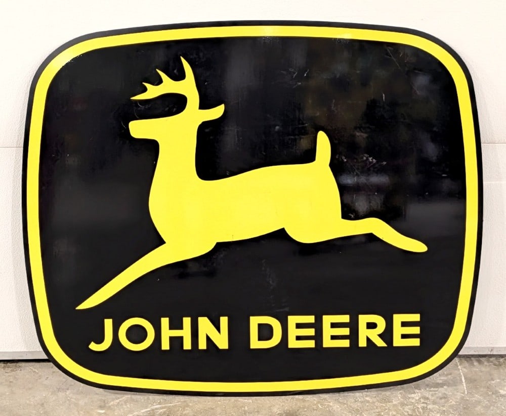 Custom John Deere Industrial Sign: Custom reproduction John Deere industrial sign. The sign is made of an aluminum composite. Measures approximately 46" across by 39" tall.