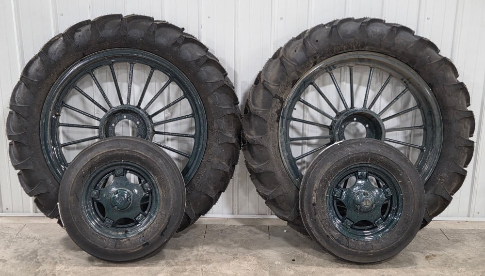 Front And Rear F&H Round Spoke Wheels For GPWT: Sells with no Reserve! From the Steve Just collection F&H wheels for a John Deere GP Wide Tread This is a complete set of front and rear round spokes to convert a GP wide tread to rubber tires