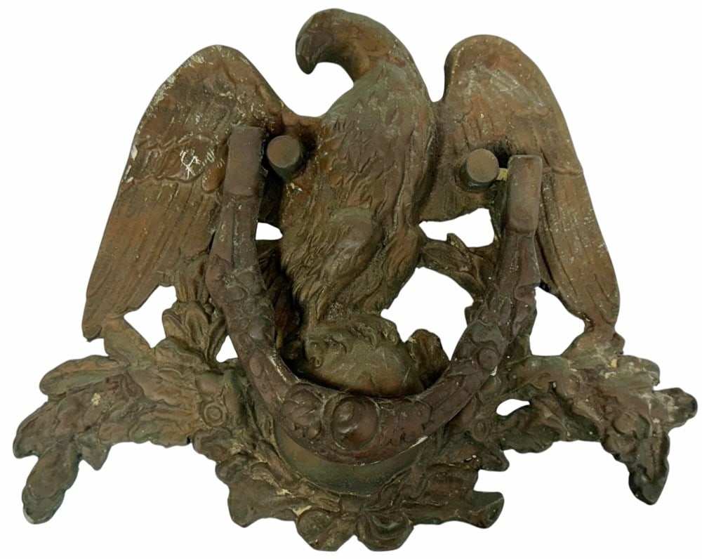 Vintage Eagle Bronze Door Knocker: Vintage Eagle Bronze Door Knocker. The Vintage Bronze Door Knocker is in Very nice used condition. The Eagle measure 10-3/4x8-3/4 inches. The bronze is weathered but no visible damage. In the back the