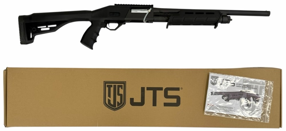 JTS X12 PT 12 Ga Pump Action Shotgun NIB: JTS X12 PT 12 Ga Pump Action Shotgun NIB.? The JTS X12 PT shotgun is new in the original box.? Box contains paperwork.? Barrel measures 18.5 inches in length and shoots 2-3/4" shotshells. Shotgun obta