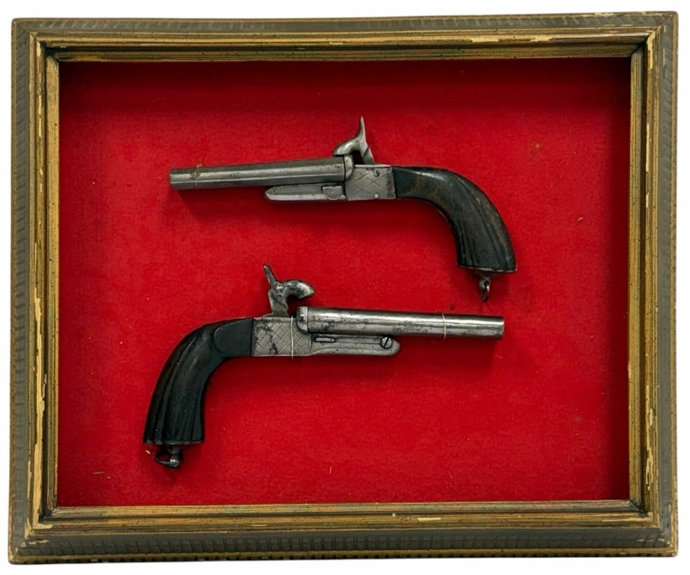 Framed Antique Belgian .11 mm Pinfire Double Barrel Pistols (1 of 9)