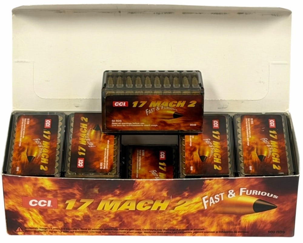 500 Rounds CCI .17 Mach 2 Fast & Furious Ammo: 500 Rounds CCI .17 Mach 2 Fast & Furious Ammo.? The 500 rounds of CCI .17 Mach 2 ammo is new and in the original case.? Box reads Fast & Furious 17 grain V-Max Bullets..?