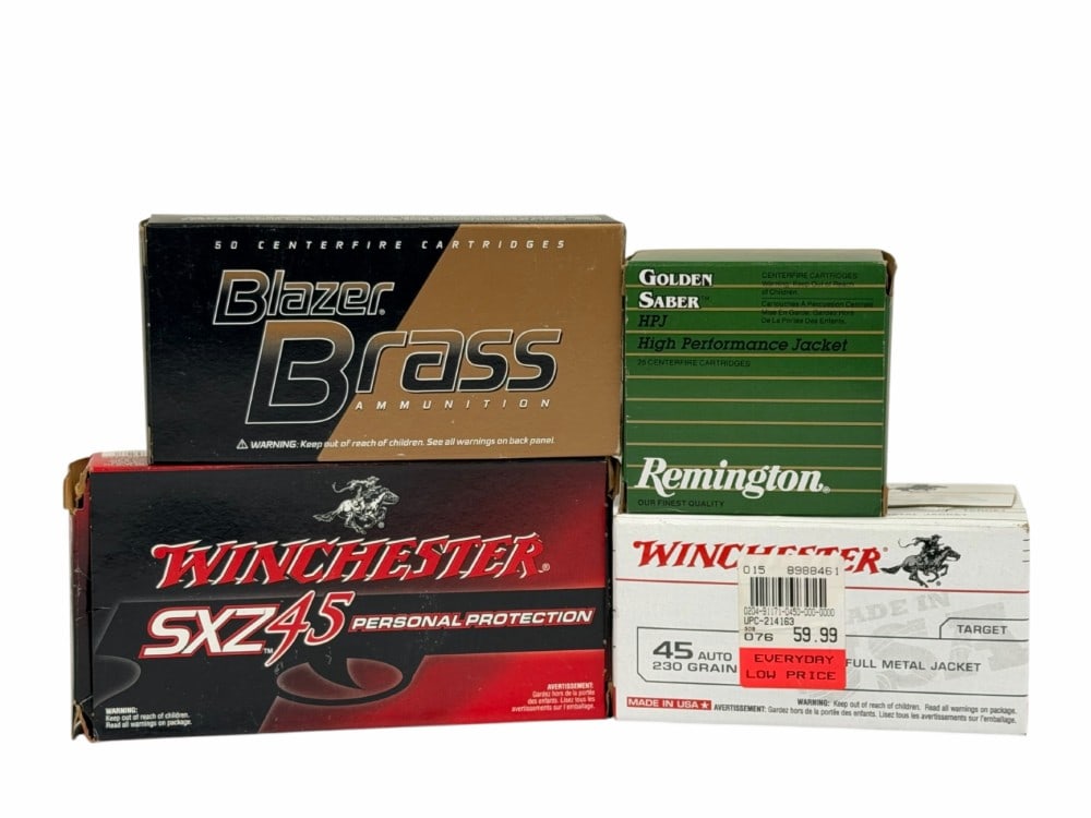 200 Rounds of Various Brands of 45 ACP Ammunition: 200 Rounds of Various Brands of 45 ACP Ammunition. The lot contains 1- 50 round box of Blazer 230gr. FMJ, 1-100 round box of Winchester 230gr. FMJ, 35 rounds of Winchester SXZ45 230gr. JHP, and 15 rou
