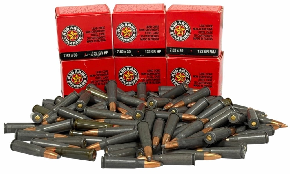 228 Rounds of 7.62X39 122 GR FMJ Red Army Ammunition: 228 Rounds of 7.62X39 Red Army Ammunition. This lot contains 120 Rounds of Red Army Standard 7.62X39 122 GR FMJ in 20 round boxes and 108 rounds loose in bag.