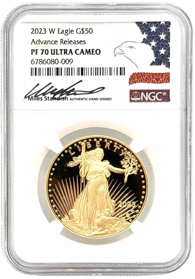 2023 US $50 Advanced Releases American Eagle One Ounce Gold Coin, PF 70 Miles Standish Signed (1 of 5)