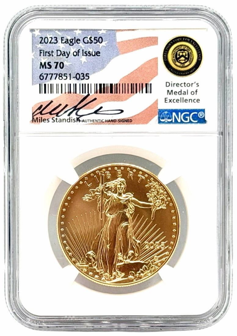 2023 US $50 First Day of Issue American Eagle One Ounce Gold Coin, NGC MS 70 Miles Standish Signed (1 of 5)